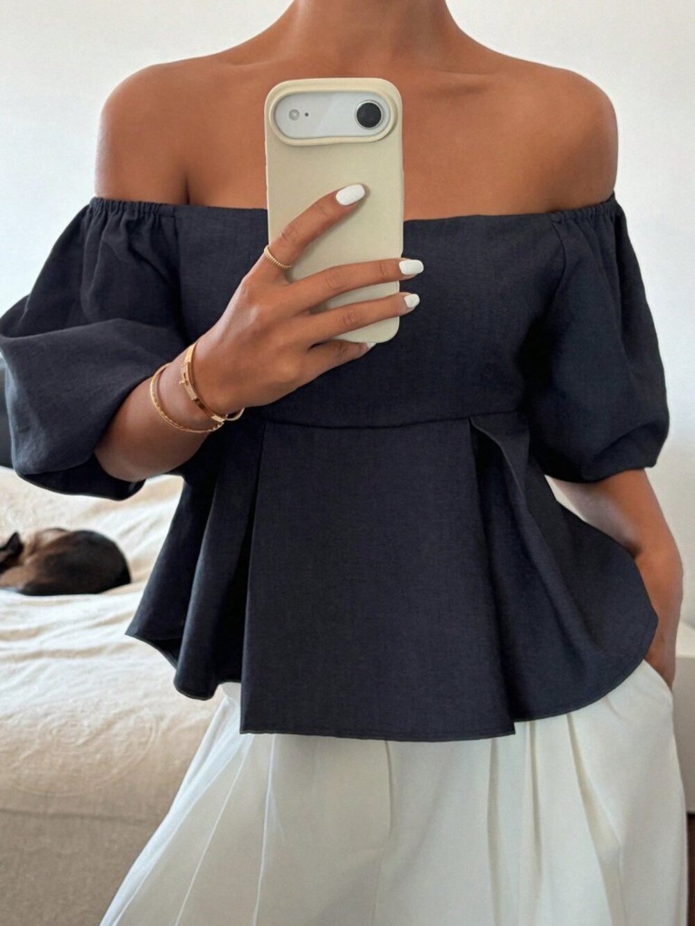 Navy Blue Casual Women's Denim-Effect Puff Sleeve Off-Shoulder Pullover Top - Picture 3 of 8